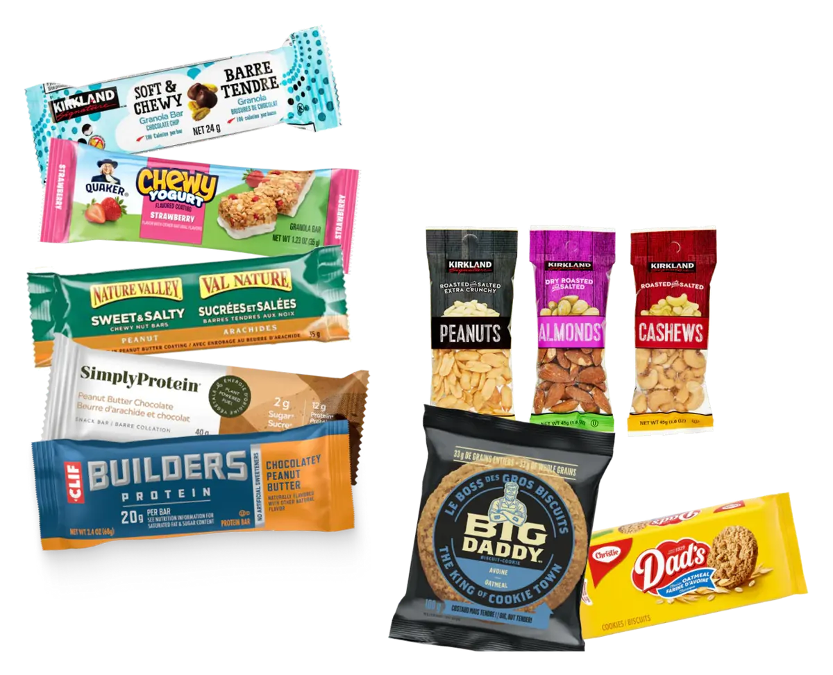 Pack de collations : barres protéinées, noix et biscuits